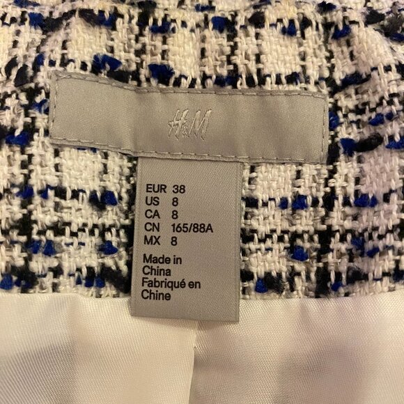 H&M Women' White/Black/Blue Speckled Long Sleeve Open Front Collared Blazer Sz 8 - Picture 6 of 7
